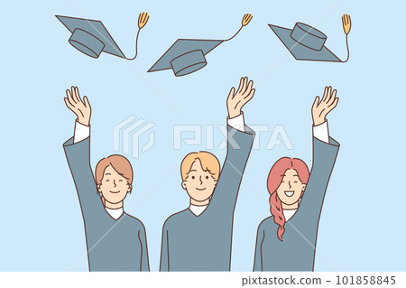 Graduates toss hats after graduation from university and celebrate receiving in-demand profession Graduates toss hats after graduation from university and celebrate receiving in-demand profession 101858845