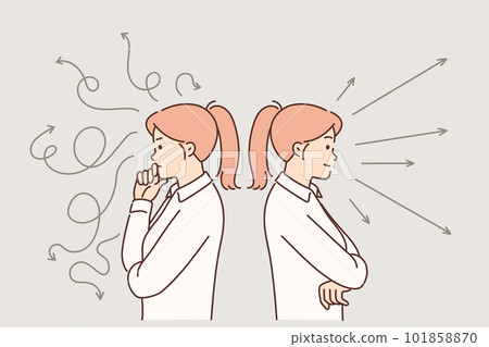 Women trying to make choice between different ways to solve problem standing among arrows 101858870