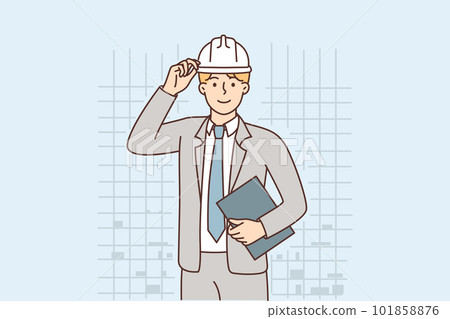 Business man in protective helmet working as manager in construction or architectural company Business man in protective helmet working as manager in construction or architectural company 101858876