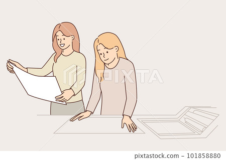Women work in printing factory and scan image using copy equipment to reproduce advertising flyers 101858880