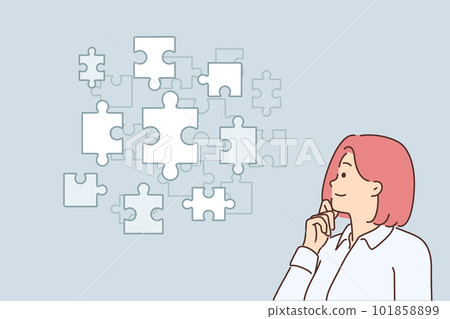 Thoughtful businesswoman looking at puzzle pieces choosing right tactics to solve business problems Thoughtful businesswoman looking at puzzle pieces choosing right tactics to solve business problems 101858899