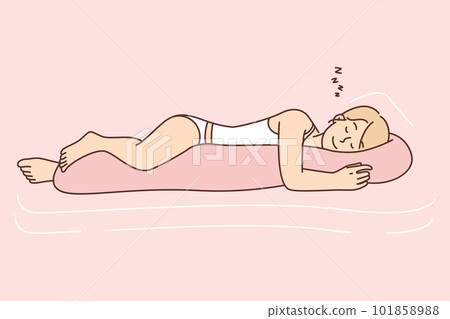 Woman sleeps with smile hugging body pillow enjoying rest after and restoring strength of hard day 101858988