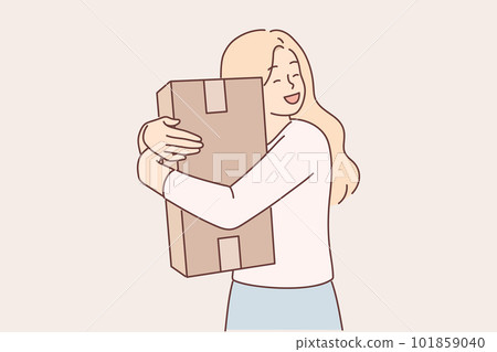 Overjoyed woman hugs cardboard box delivered by courier from online store or postal service Overjoyed woman hugs cardboard box delivered by courier from online store or postal service 101859040