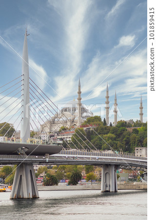 Golden Horn Metro Bridge, or Halic Bridge, overlapping Suleymaniye Mosque, Istanbul, Turkey 101859415