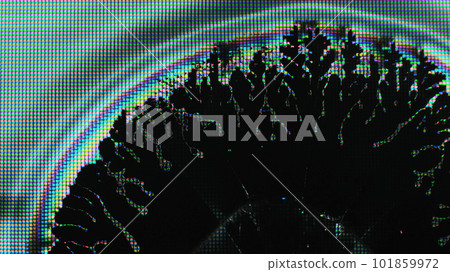 Pixel light. Glitch fluid. Digital rainbow. Blue pink yellow color glow liquid crystal drops spatter on dark black abstract illustration copy space background. Pixel light. Glitch fluid. Digital rainbow. Blue pink yellow color glow liquid crystal drops spatter on dark black abstract illustration copy space background. 101859972