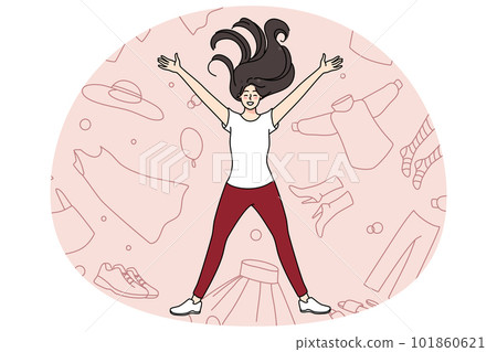 Smiling woman lying among clothes and garment 101860621