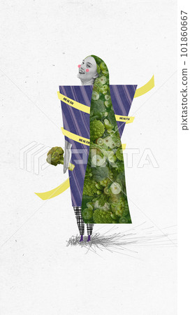 Choosing healthy lifestyle. Smiling woman with many green foods, vegetables and fruits taking care after body and organism. Contemporary art collage. 101860667