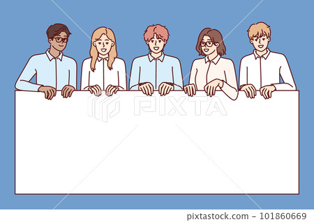 Business people together hold blank banner designed for corporate advertising or commercial offer Business people together hold blank banner designed for corporate advertising or commercial offer 101860669