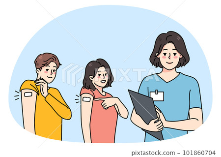 Smiling people show arms after covid vaccination 101860704