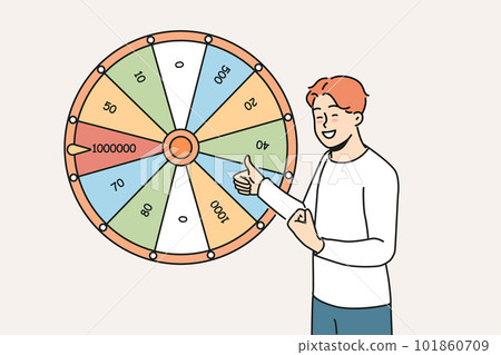 Excited man win money in fortune wheel  101860709