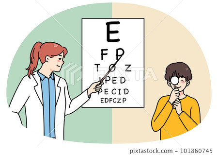 Female ophthalmologist check eyesight of boy child Female ophthalmologist check eyesight of boy child 101860745