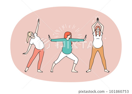 Active pregnant women do morning exercises 101860753