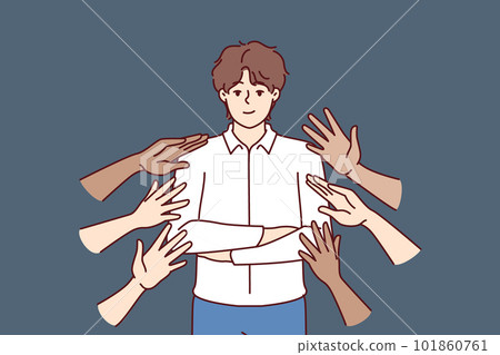 Popular business man beside many hands wanting to touch idol, for concept of corporate training  Popular business man beside many hands wanting to touch idol, for concept of corporate training  101860761