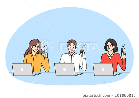 Smiling diverse people working on computer generating ideas 101860815