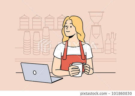 Smiling waitress drink coffee at counter Smiling waitress drink coffee at counter 101860830