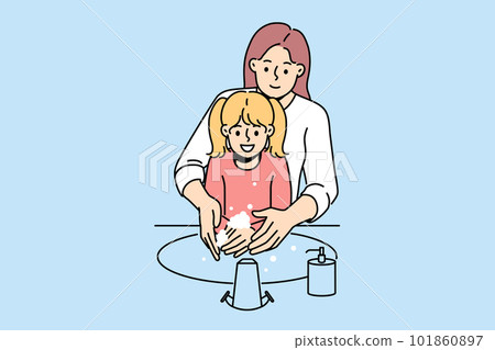 Happy mother and daughter washing hands Happy mother and daughter washing hands 101860897