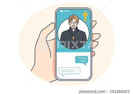 Person talk with priest online on cellphone Person talk with priest online on cellphone 101860925