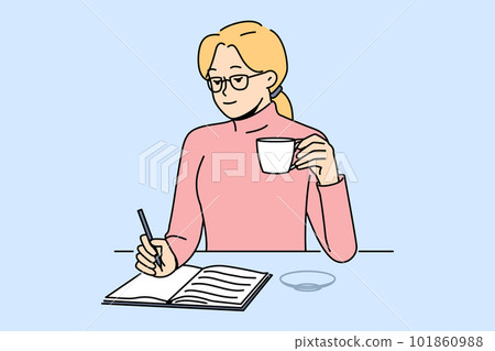 Woman drink coffee write in notebook Woman drink coffee write in notebook 101860988