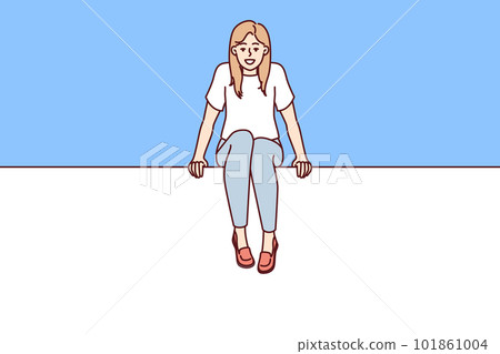 Young woman sits on blank billboard designed to advertise or promote marketing campaign Young woman sits on blank billboard designed to advertise or promote marketing campaign 101861004