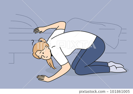Confused woman look for lost item under bed Confused woman look for lost item under bed 101861005