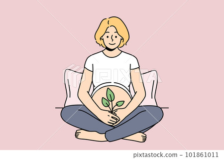 Pregnant woman hold plant at belly Pregnant woman hold plant at belly 101861011