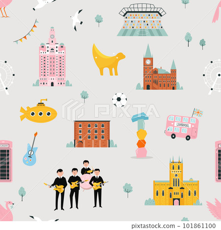 Colorful seamless pattern with must-see attractions of Liverpool 101861100