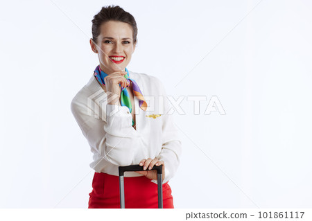 smiling elegant female flight attendant on white smiling elegant female flight attendant on white 101861117