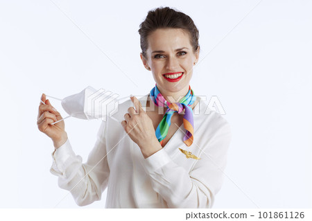 happy modern female stewardess on white 101861126