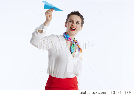 happy elegant female stewardess on white happy elegant female stewardess on white 101861129