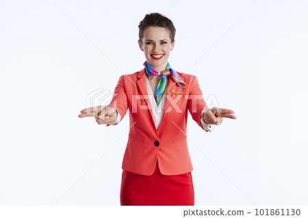 smiling elegant female stewardess on white making hand gesture smiling elegant female stewardess on white making hand gesture 101861130