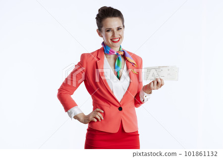 happy modern female flight attendant on white 101861132