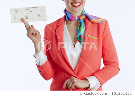 Closeup on smiling elegant female flight attendant on white Closeup on smiling elegant female flight attendant on white 101861133