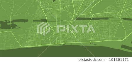Detailed map poster of Lome, Togo city, linear print map. Olive skyline urban panorama. Decorative graphic tourist map of Lome territory. 101861171