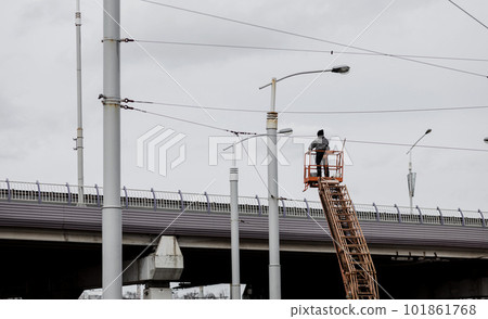 Height construction worker against sky. Height construction worker against sky. 101861768