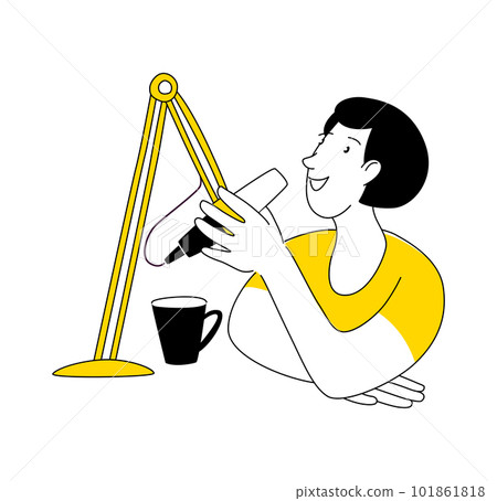 Radio host doodle drawing. Female podcaster speaking to mic microphone Radio host doodle drawing. Female podcaster speaking to mic microphone 101861818