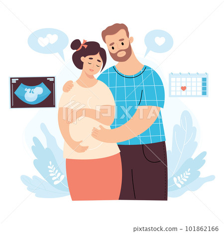 Happy family. Light skinned couple expecting baby. Pregnant woman and husband with first photo of ultrasound of child. Vector illustration. Future parents, pregnancy motherhood, parenthood concept. 101862166