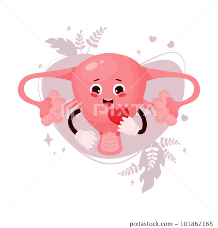 Cute female cartoon uterus. Happy character with heart in his hands. Vector illustration. Human reproductive organ for design and decoration of medical themes, childrens collection. 101862168