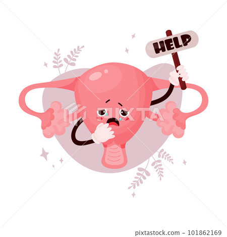 Sad female cartoon uterus. Suffering of diseased human reproductive organ. Cute character crying and asking for help. Vector illustration. Disease and pain attack concept. 101862169
