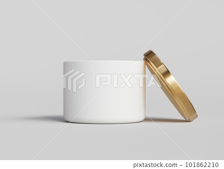 White ceramic candle jar with gold lid open front view mockup, 3D render White ceramic candle jar with gold lid open front view mockup, 3D render 101862210