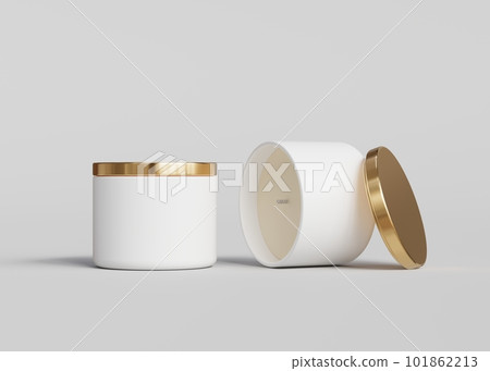 Two white ceramic candle jars with gold lids mockup, 3D render Two white ceramic candle jars with gold lids mockup, 3D render 101862213