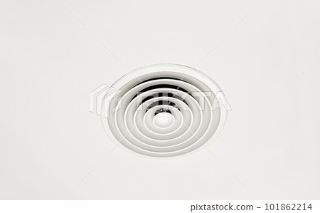 Ceiling mounted cassette type air conditioner and modern lamp light on white ceiling. duct air conditioner for home or office Ceiling mounted cassette type air conditioner and modern lamp light on white ceiling. duct air conditioner for home or office 101862214