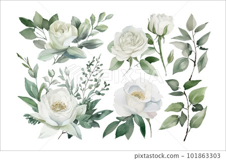 Watercolor floral illustration elements set - green leaves, pink peach blush white flowers, branches. Decorative flower elements template. Flat cartoon illustration isolated on white background 101863303