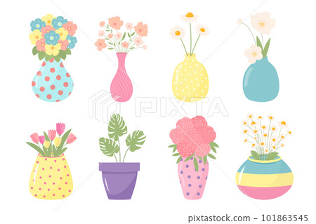 Cute vases with flowers and plants set. Trendy pasyel colors. Cute vases with flowers and plants set. Trendy pasyel colors. 101863545