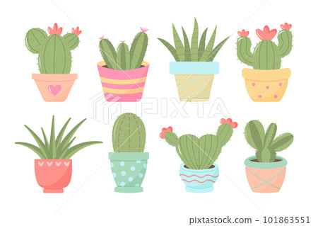 Cute cactuses in pot set. Trendy pastel colors. Exotic and tropical domestic plants. Cute cactuses in pot set. Trendy pastel colors. Exotic and tropical domestic plants. 101863551