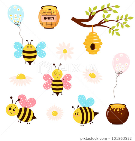 Cute bees, daisies, balloons, honey and beehive set. Cartoon characters collection. 101863552