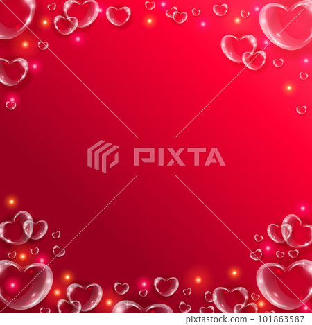 Realistic transparent hearts glass effect background. Glossy soap bubble 3d hearts on red background with glitter. 101863587