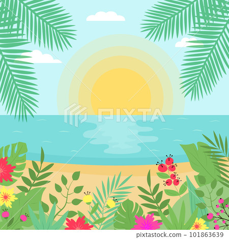 Summer exotic seascape. Tropical beach with palms leaves, flowers and plants. Sunset or sunrise at the sea. 101863639