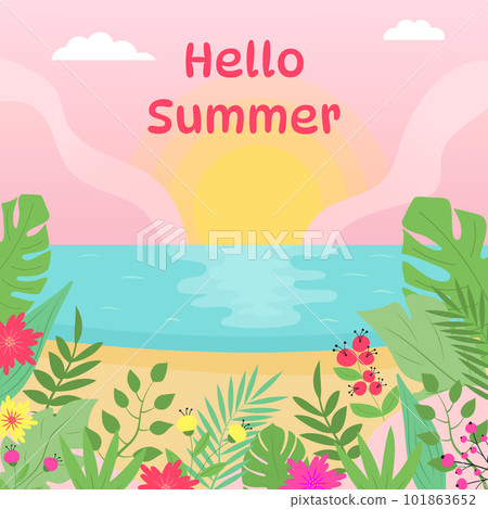 Summer exotic seascape with sunset and tropical flowers and plants. Hello summer poster. 101863652