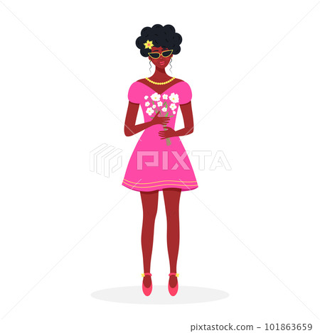 Beautiful african girl with a bouquet of flowers. Black girl in a cute dress and glasses isolated on white background. Beautiful african girl with a bouquet of flowers. Black girl in a cute dress and glasses isolated on white background. 101863659