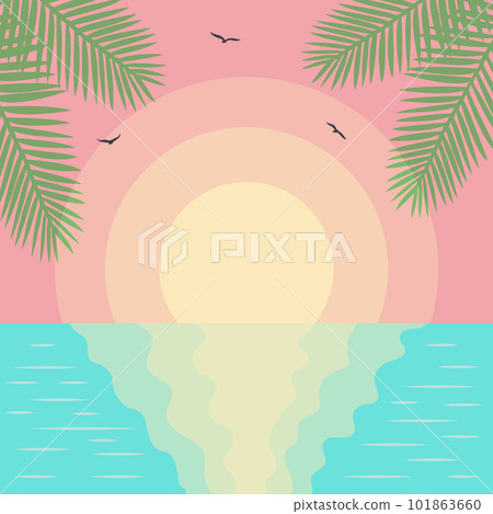 Sunset Seascape with palm leaves and seagulls. Paradise nature vacation. Cartoon landscape background. Sunset Seascape with palm leaves and seagulls. Paradise nature vacation. Cartoon landscape background. 101863660